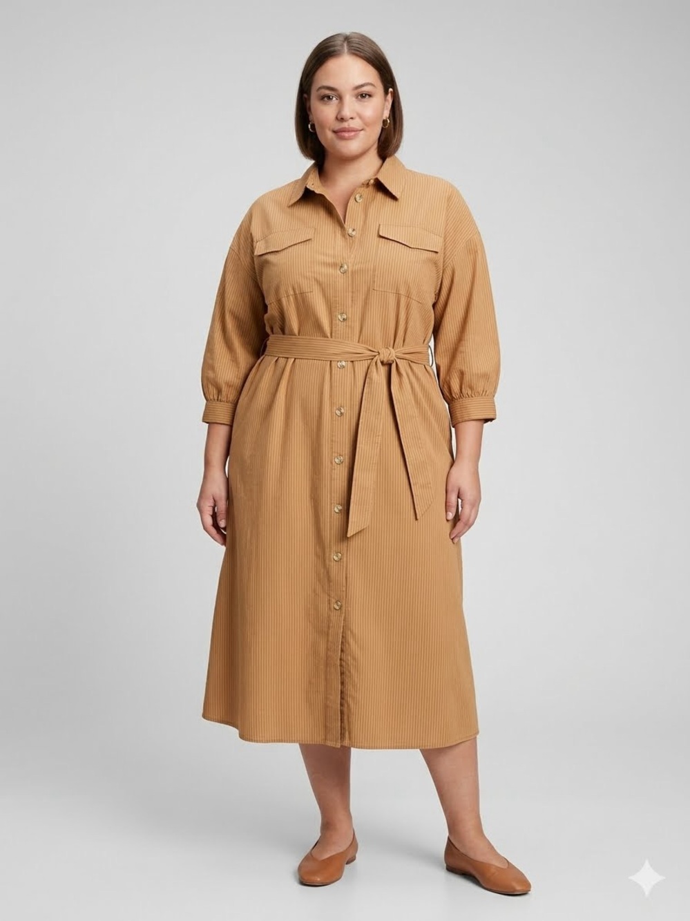 Future Collective Pinstripe Belted Midi Shirt Dress in Camel Tan